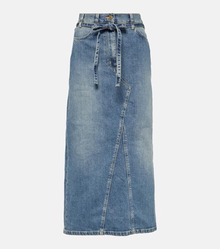 High-rise denim midi skirt