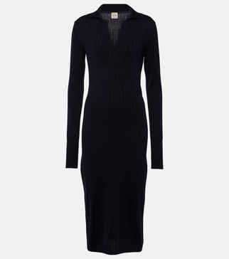 Ribbed-knit silk and cotton polo dress