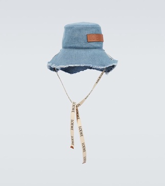 Logo distressed denim bucket hat