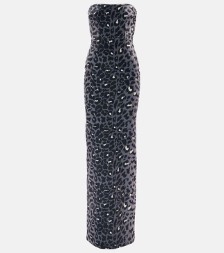 Leopard-print strapless velvet gown