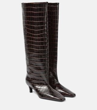 Wide Shaft croc-effect leather knee-high boots