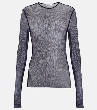 Crystal-embellished printed mesh top