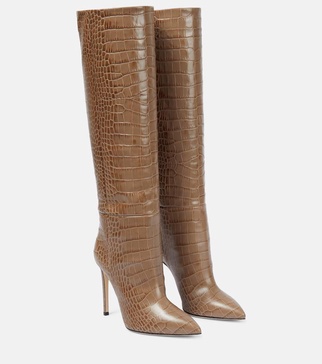 Croc-effect leather knee-high boots