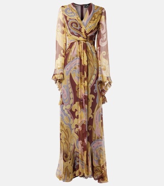 Printed gathered silk chiffon gown