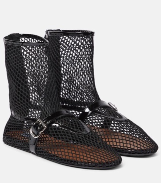 Fishnet leather-trimmed ankle boots