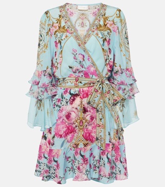 Embellished floral silk crêpe wrap dress