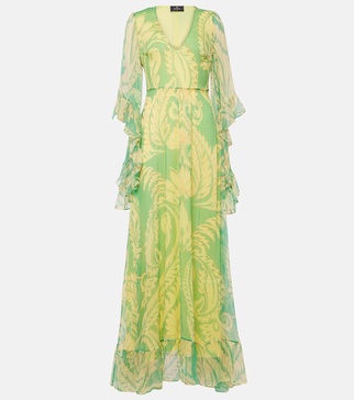 Printed ruffled silk maxi dress