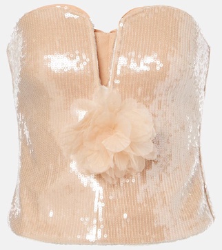 Floral-appliqué sequined bustier top