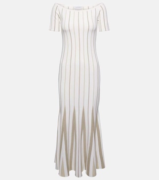 Striped off-shoulder virgin wool maxi dress