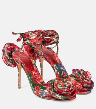 Floral-appliqué satin slingback sandals