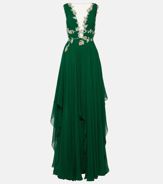 Embroidered V-neck draped silk gown