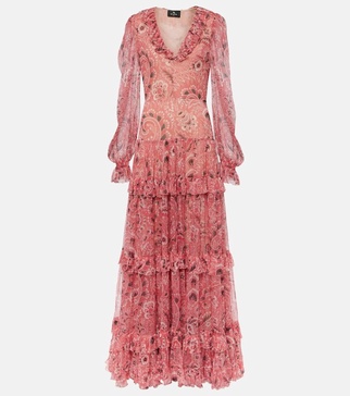 Ruffled tiered paisley silk gown