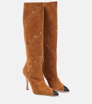 Embellished suede knee-high boots