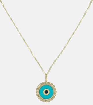 Large Evil Eye 14kt gold chain necklace with diamonds and turquoise