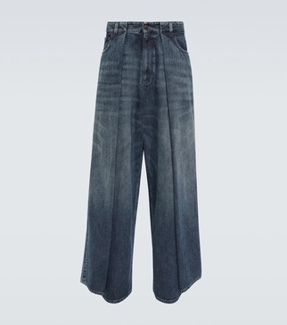 Pleated high-rise wide-leg jeans