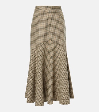 Houndstooth wool-blend flannel midi skirt