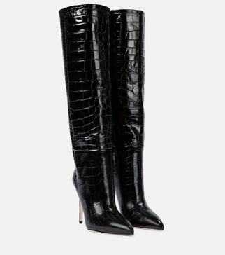 Croc-effect leather knee-high boots