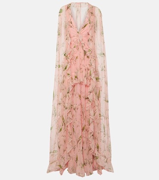 Caped floral silk gown