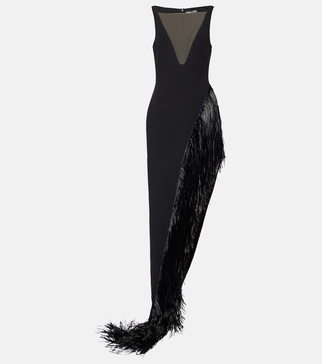 Fringed asymmetric cady gown