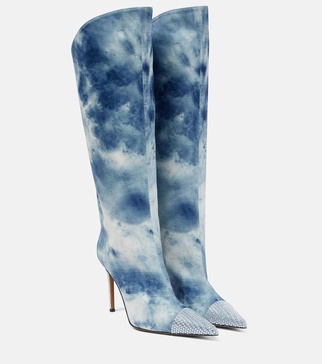 Tie-dye denim knee-high boots