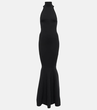 High-neck wool-blend maxi gown