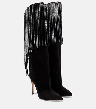 Fringed embellished suede knee-high boots