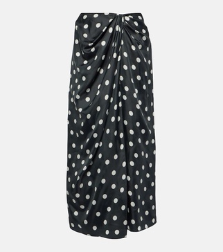 Polka-dot gathered satin midi skirt