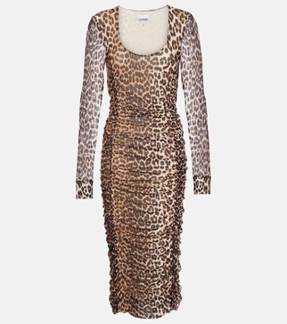 Leopard-print ruched mesh midi dress