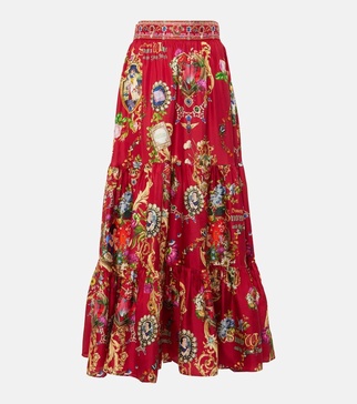 Printed high-rise tiered silk maxi skirt