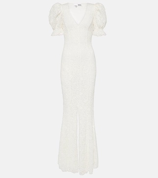 Bridal puff-sleeve lace maxi dress