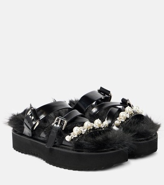 Faux fur-trimmed leather platform sandals