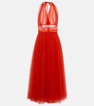 Halter-neck tulle midi dress