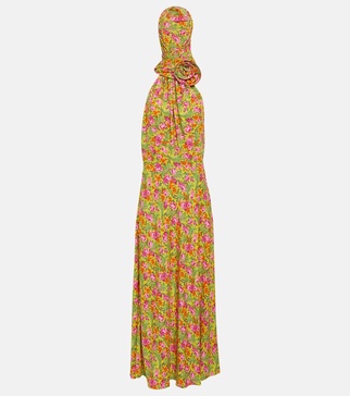 Floral-appliqué hooded maxi dress