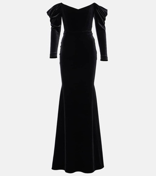 Draped off-shoulder velvet gown