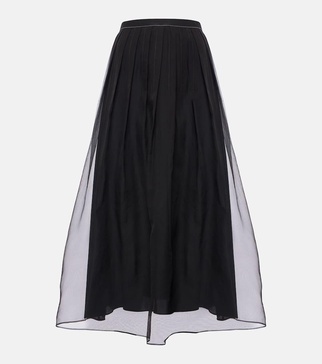 Pleated silk organza midi skirt