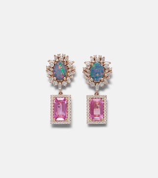 18kt rose gold drop earrings with diamonds, sapphire and opal