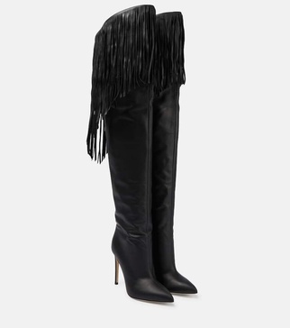 Fringed leather over-the-knee boots