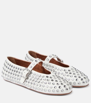 Crystal-embellished leather ballet flats