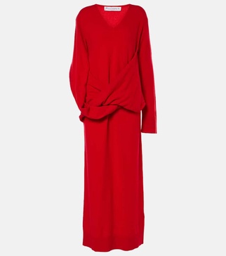 Draped asymmetric wool-blend dress 