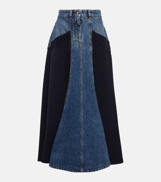 Denim and wool gabardine midi skirt