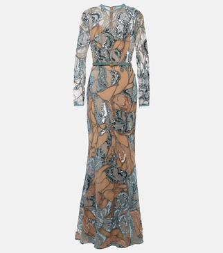 Embroidered silk-blend gown