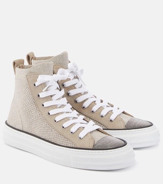 Leather-trimmed high-top sneakers