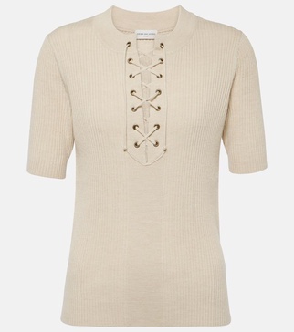 Lace-up ribbed-knit wool-blend top