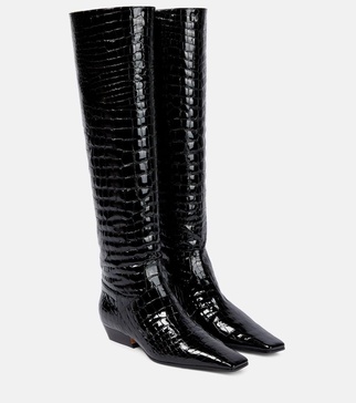 Croc-effect patent leather knee-high boots