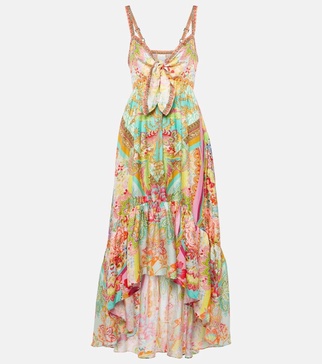 Printed ruffled silk midi dress