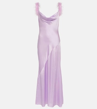 Feather-trimmed silk gown