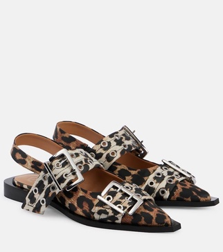 Leopard-print satin slingback flats