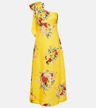 One-shoulder floral linen midi dress