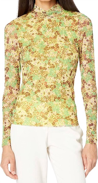 lennix mesh floral mock neck long sleeve top in yellow