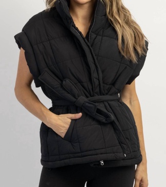 avalon tie quilted puffer vest in black